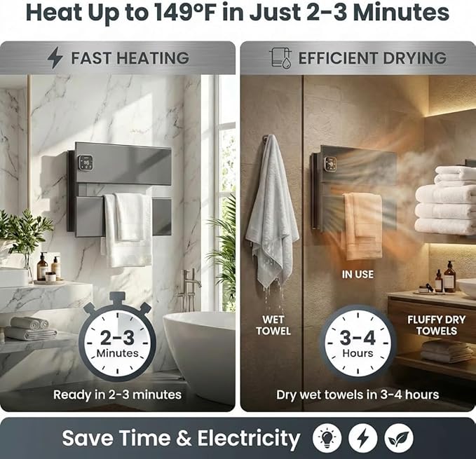Electric Towel Warmer, Heated Towel Rack with Thermo Control and Timer, Fast Heating Towel Rail for Bathroom with Memroy Function, Work with Smart Plug, Left-Wiring, 2 Panel, Gun Gray