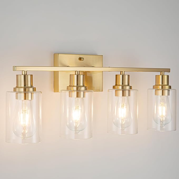 4-Lights Gold Bathroom Light Fixture, Brushed Brass Vanity Light with Clear Glass Shade, Modern Bath Wall Lights for Living Room, Hallway, Bedroom