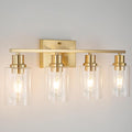 4-Lights Gold Bathroom Light Fixture, Brushed Brass Vanity Light with Clear Glass Shade, Modern Bath Wall Lights for Living Room, Hallway, Bedroom