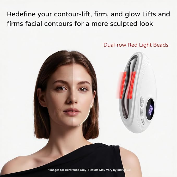 Professional LED Red Light Gua Sha Massager, 9-Level Adjustable Face and Neck Sculptor for Skin Firming, Jawline Contouring & Serum Absorption, Portable Metal Facial Skincare Tool - White
