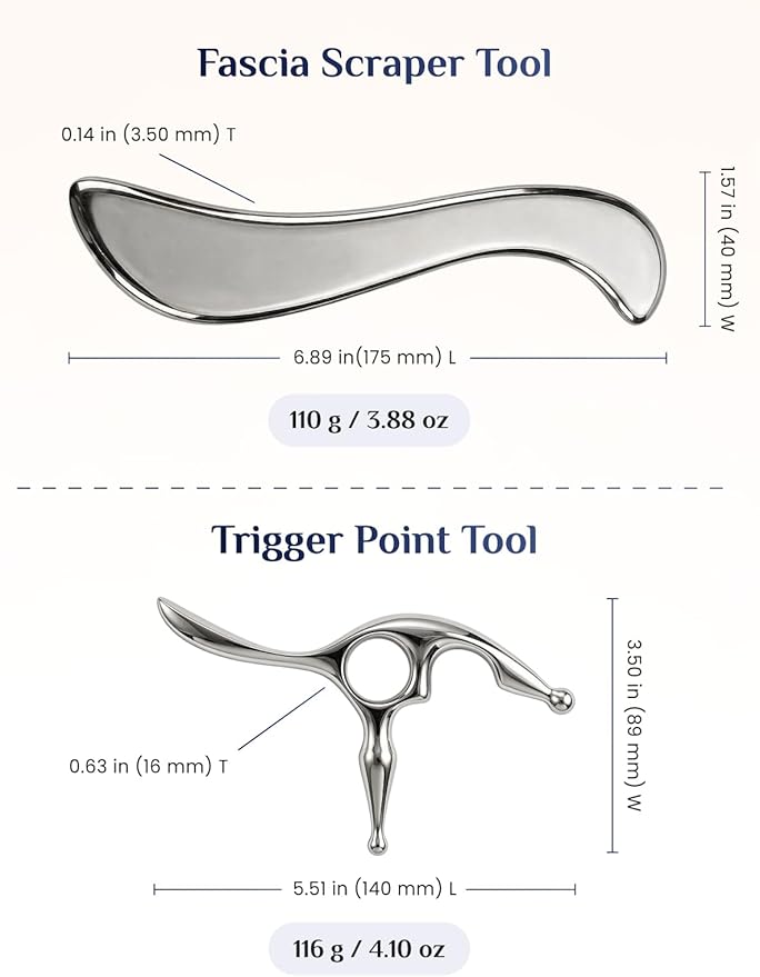 Rena Chris Trigger Point Massage Tool & Muscle Scraper Tool, Stainless Steel Body Gua Sha Tool for Deep Tissue Pain Relief & Fascia Release, with Travel Pouch & Guide (2-Piece Kit)