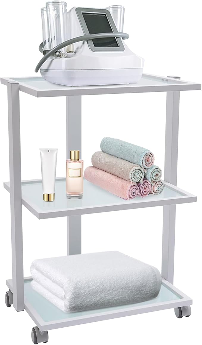 3-Tier Salon Rolling Trolley Cart, Stand Tray Rolling Cart with Wheel Storage Spa Salon Equipment Machine Organizer Stand Tray Treatment Beauty Trolley Cart for Bathroom, Laundry, Bedroom