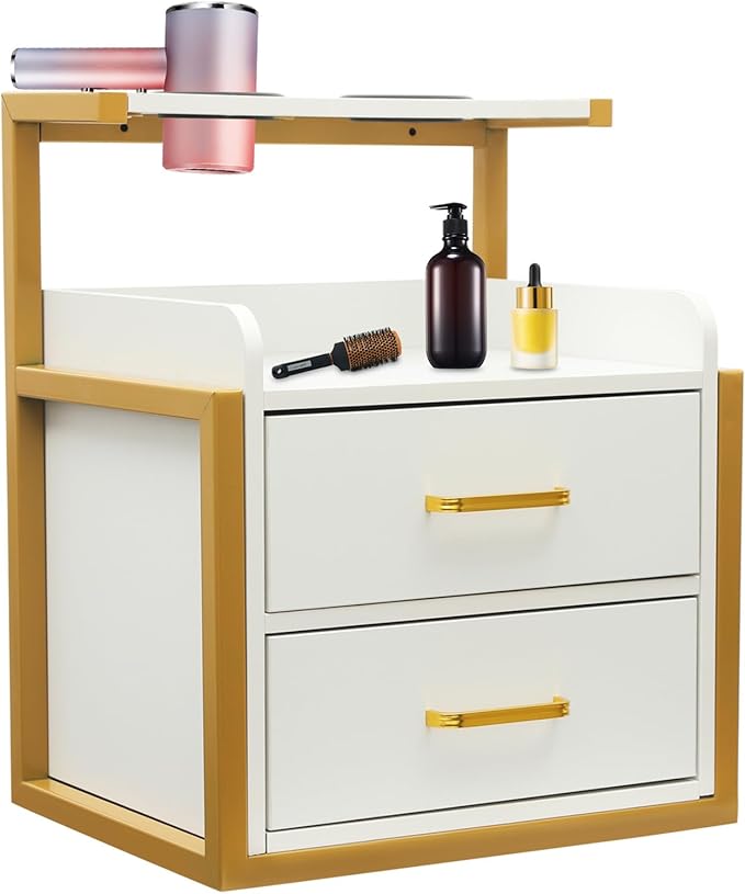 Salon Cabinet, Salon Storage Organizer with 2 Drawers, 110.23Lbs Load Capacity Salon Wall Cabinet, Hanging Styling Station Equipment for Spa, Barber Store, Locker Room, Bathroom (Gold＋White)
