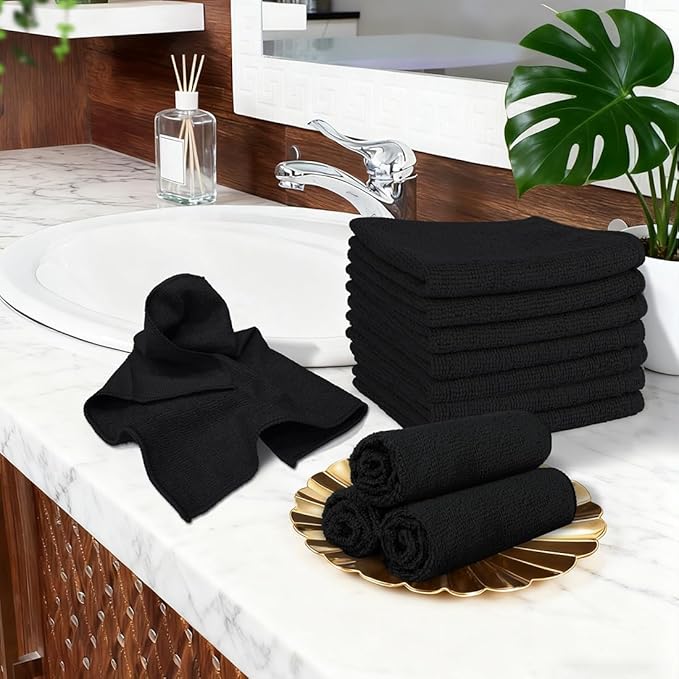 Orighty Washcloths, 5 Pack Microfiber Face Towels, Highly Absorbent and Soft Feel Wash Cloths & Hand Towels for Bathroom, Hotel, Spa, and Gym, 11.5x11.5 Inch, Black
