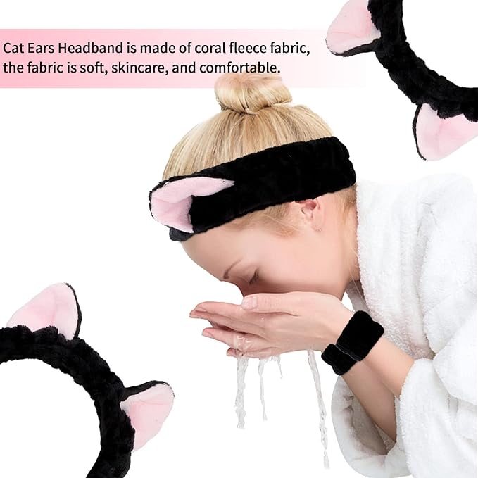 AMCAMI 6 Pcs Spa Set, Cute Make Up Cat Ears Headband Plush Animal Makeup Skincare Headbands with Face Washing Wristband for Women