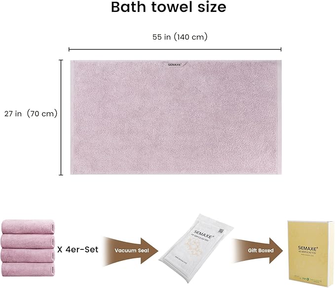 SEMAXE 4 Piece Purple Bath Towel Set for Bathroom, 100% Cotton Bath Towels with Hanging Loop, 55 x 27 Inch, Soft Absorbent & Quick Dry, for Home