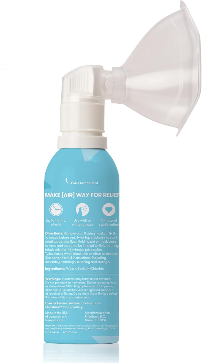 Frida Baby NoseFrida Saline Mist Nasal Inhaler, Decongestant Spray for Congestion & Allergy Relief for Babies + Kids, Nasal Saline Spray, Soothes Stuffy Nose & Sore Throat, Includes Mask (Pack of 2)