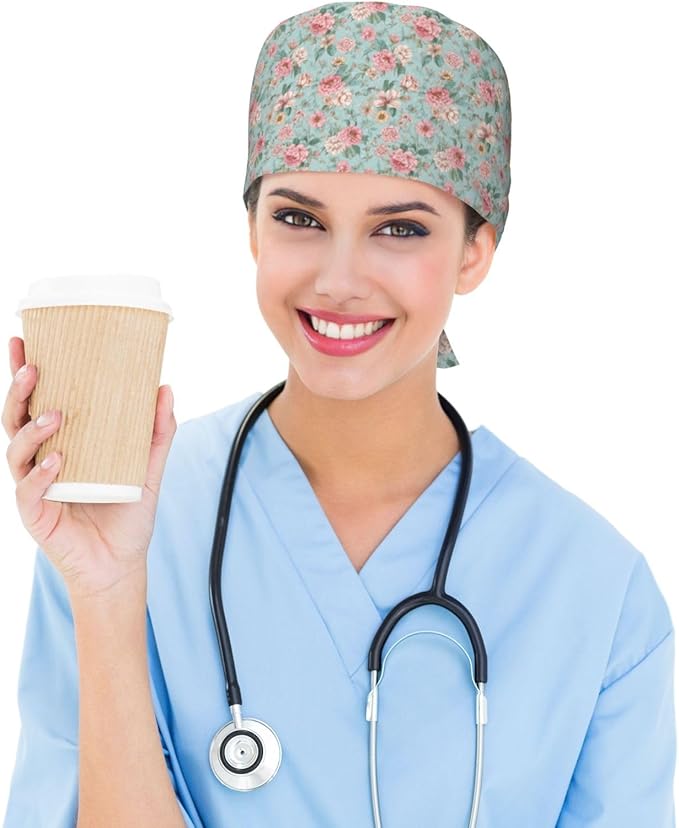 Scrub Cap for Women and Men Boho Black Leaf Pattern Adjustable Breathable Sweatband Hat for Work Kitchen Spa Shower Daily Use