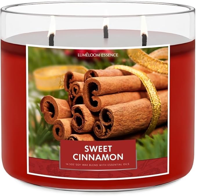 LUMELOOM Cinnamon Candles, 14.5oz, Large 3-Wick Soy Wax Candles for Home Scented, Sweet Cinnamon, Apple, Clove Scent, Mothers Day, Holiday Gifts for Women, Men, Friend, Teacher, Long Burning Time