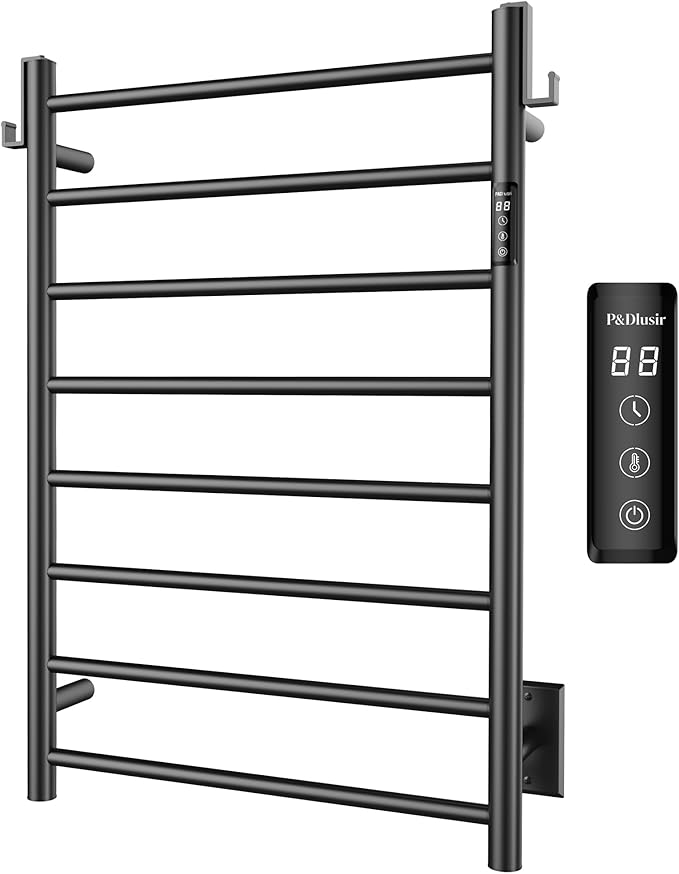 P&Dlusir Towel Warmer, Heated Towel Rack with Smart Timer and Thermo Control, Wall-Mounted Heated Towel Rail, Stainless Steel, Hard-Wired/Plug-in, Matte Black, 8 bar