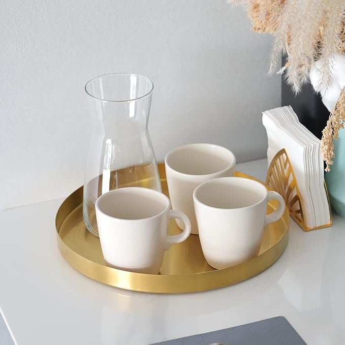 FREELOVE Metal Round Decorative Tray, Perfume Jewelry Candle Organizer for Desk Vanity Countertop Bathroom Dresser Storage, Serving Platter for Kitchen Dinning Coffee Table, Brass Gold, 12 inch