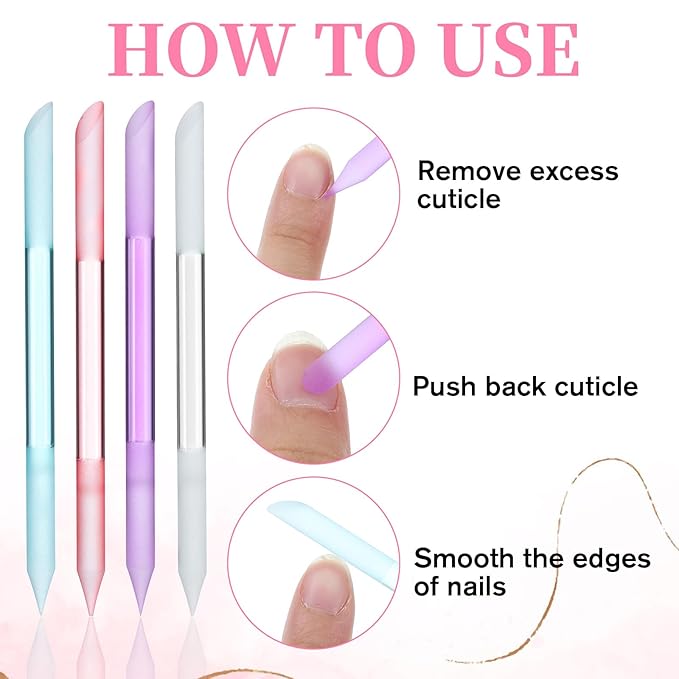 4 PCS Glass Cuticle Pusher Tool, Cuticle File, Dual Ended Manicure Stick, Crystal Nail File Remover Tool, Professional Nail Care Kit