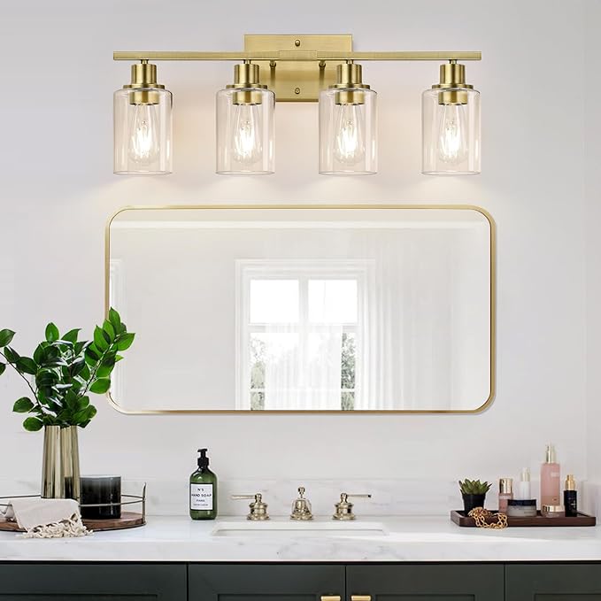 Indoi 4 Light Bathroom Light Fixtures, Brass Vanity Lights for Bathroom with Clear Glass Shades, Modern Bathroom Wall Sconces for Mirror Living Room Cabinet