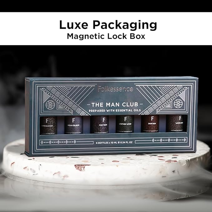 Folkulture Essential Oils Set for Men for Diffuser | Set of 6 Home Fragrance Oils | Oud, White Musk, Tobacco, Sandalwood & Leather Wood | Aromatherapy Gift Set for Men