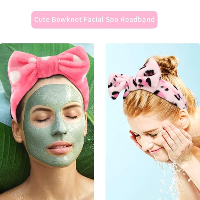 WHAVEL 6 Pack Pink Spa Headbands, Makeup Headbands Skincare Headbands Microfiber Bow Headbands Leopard Stripe Polka Facial Headband Soft Elastic Hair Band Headband for Washing Face