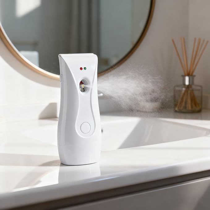 Automatic Air Freshener Spray Dispenser with 3 Timer Modes, Battery Operated with One-Year Warranty, Wall Mountable & Table Stand, for Home Office Toilet Decor (Cool White)