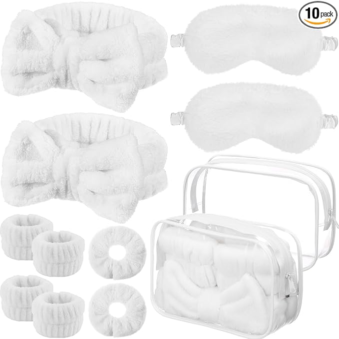 Hoteam 10 Pcs Spa Party Supplies Gift for Mother's Day Sleepover Party Favor Spa Headband Wristband Sleep Eye Mask Velvet Scrunchies for Skin Care Makeup Slumber Night Favor(White)
