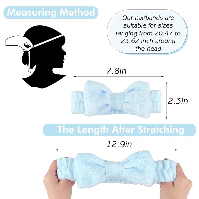 Zkptops 6Pcs Spa Headband for Washing Face Wristbands Set Women Bubble Makeup Sponge Terry Cloth Padded Puffy Skincare Headband Bow Tie Hairband Cute Non Slip Thick Hair Accessory Gifts (Blue)
