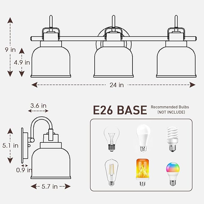 Bronze Bathroom Vanity Lights, 3-Light Vanity Light Fixtures for Bathroom, Oil Rubbed Bronze Vanity Light with Clear Glass Shade, Wall Sconces Lighting for Bathroom, Living Room, Hallway(E26 Base)