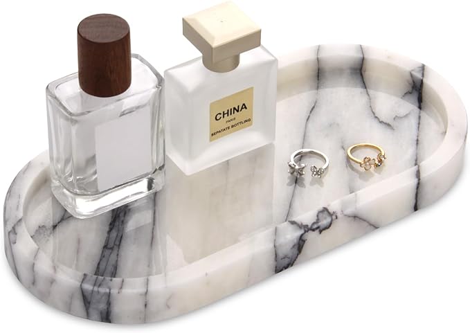 Natural Marble Tray Oval, Bathroom Vanity Tray for Countertop, Elegant Stone Decorative Organizer for Perfume, Jewelry, Home Decor (1, Lilac, 10 x 5 x 0.6)