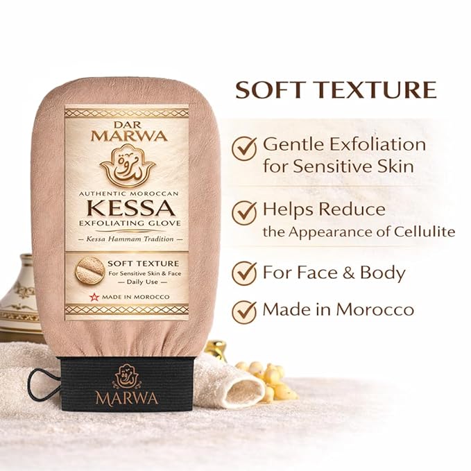 Moroccan Kessa Exfoliating Glove – Soft Hammam Exfoliating Mitt – Dead Skin Remover for Sensitive & Delicate Skin – Body Exfoliator – Made in Morocco