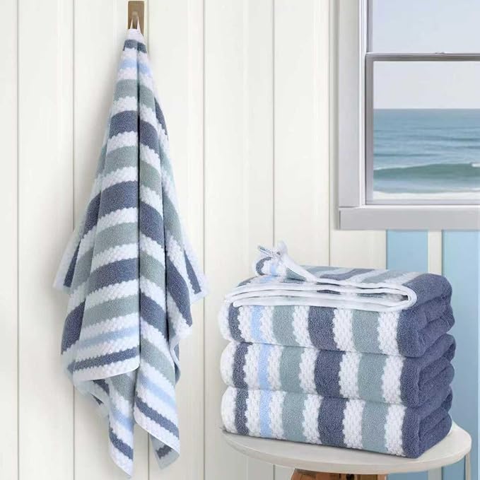 Striped Bath Towels (4PC, 28"x52") - Quick Dry | Absorb | Lightweight | 540GSM | Soft, Cotton Polyester Blend Bath Towels, Decorative Bath Towel with Hanging Loops, Blue-Grey Stripes + White Checkered