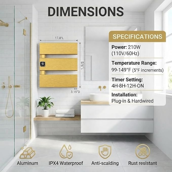 Electric Towel Warmer, Heated Towel Rack with Thermo Control and Timer, Fast Heating Towel Rail for Bathroom with Memroy Function, Work with Smart Plug, Left-Wiring, 3 Panel, Gold