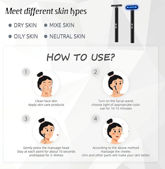 Fxtiaa Led-Light-Therapy, 7 Color Face Skincare Wand with Facial Massager LED Face Skin Rejuvenation for Face & Neck & Eye Skincare Equipment Red Light Wand