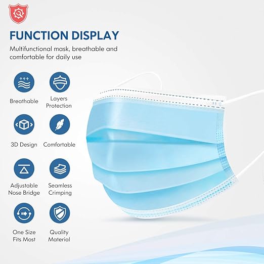 Disposable Face Mask Adult Blue Breathable Mask with Nose Clip Ear Loop 100 Pack