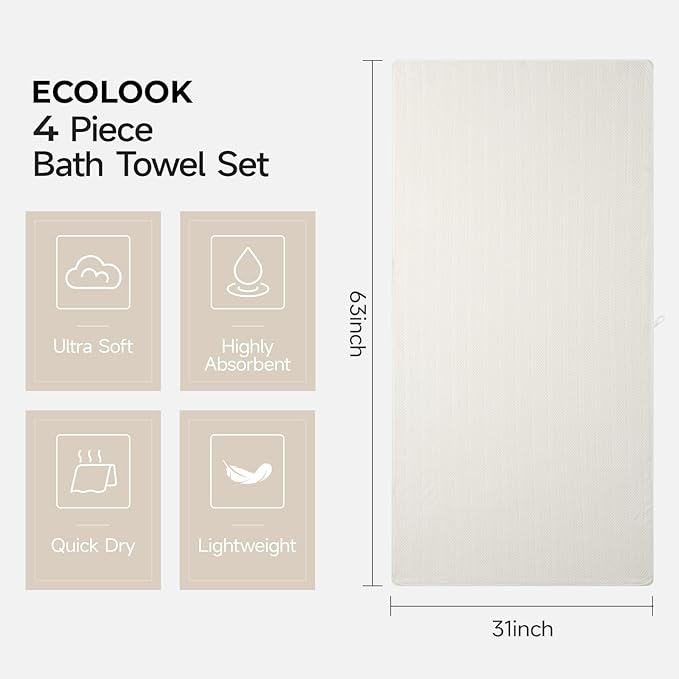 ecolook 4 Pack Microfiber Bath Towels, 31 x 63 inches Extra Large Bath Towel Set, Super Soft Highly Absorbent Bath Towels Set of 4, Quick Dry Lightweight Bathroom Towels for Spa, Pool, Gym, Beige