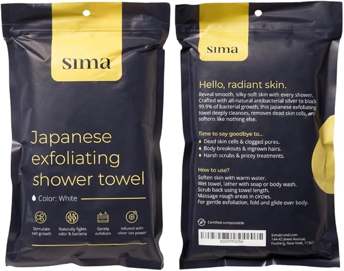 Sima Brand Exfoliating Washcloth Face & Body Scrub Towel - Japanese Exfoliating Towel with Hexagon Fibers, Body Scrubber with 2 Sides for Scrubbing & Washing, Extra Long Towels (White, 3 Pack)