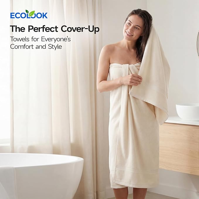 ecolook Bath Towels Set of 4,100% Cotton,27 x 55 Inches,Quick-Drying & Absorbent,Soft,Lightweight Towels for Bathroom,Shower,Spa, Gym & Hotel,Beige