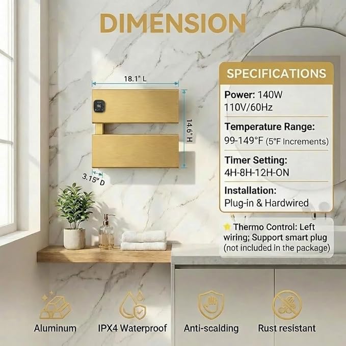 Electric Towel Warmer, Heated Towel Rack with Thermo Control and Timer, Fast Heating Towel Rail for Bathroom with Memroy Function, Work with Smart Plug, Left-Wiring, 2 Panel, Gold