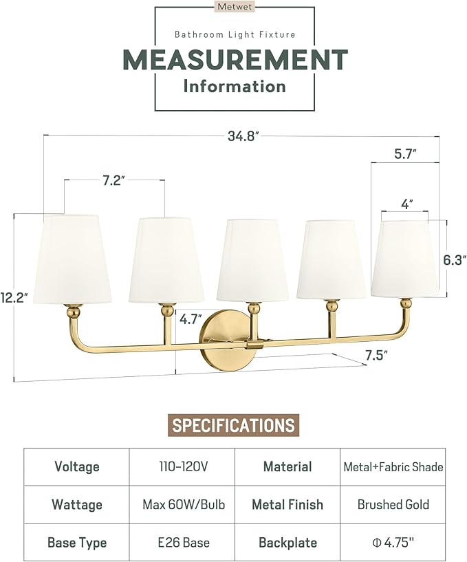 5-Light Bathroom Light Fixtures, Brushed Gold Vanity Lights with Flared Beige Fabric Shade, 35 Inch Wall Sconce, Vintage Sconces Wall Lighting for Hallway Bedroom, VL837-BG-B-5