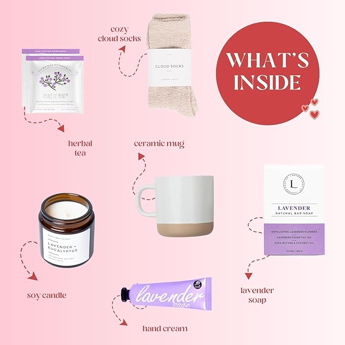 Unboxme Lavender Spa Gift Set - Relaxation Gifts For Women - Get Well Soon Gift Basket with Scented Candle, Bath Bomb, Soap - Perfect for Valentine's Day