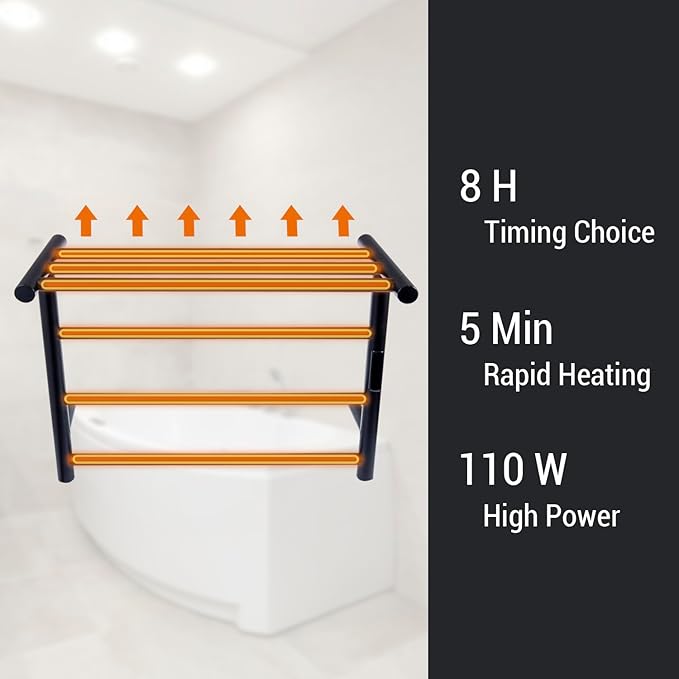 MyGift 4 Tier Wall Mounted Bathroom Towel Warmer Rack with Top Shelf and LED Panel, Premium Hotel Series Matte Black Stainless Steel Electric Heater for Warming Towels