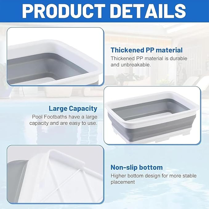 Pool Foot Bath Tray for Swimming Pool, Non- Slip Collapsible Foot Bath for Pool, Portable Foot Tub for Pool for Above Ground Pool Accessories, Rinse Feet Keep Pool Clean (Grey + White)