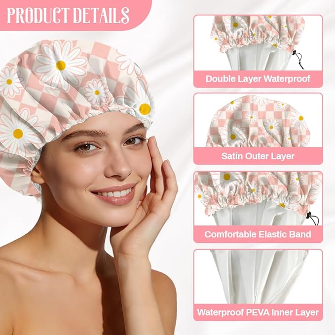 Pink Daisy Reusable Shower Cap Buffalo Check Double Layer Waterproof Shower Caps Large Elastic Hair Cover Adjustable Hair - Drying Caps for Woman Bath SPA Travel One Size Fits Most