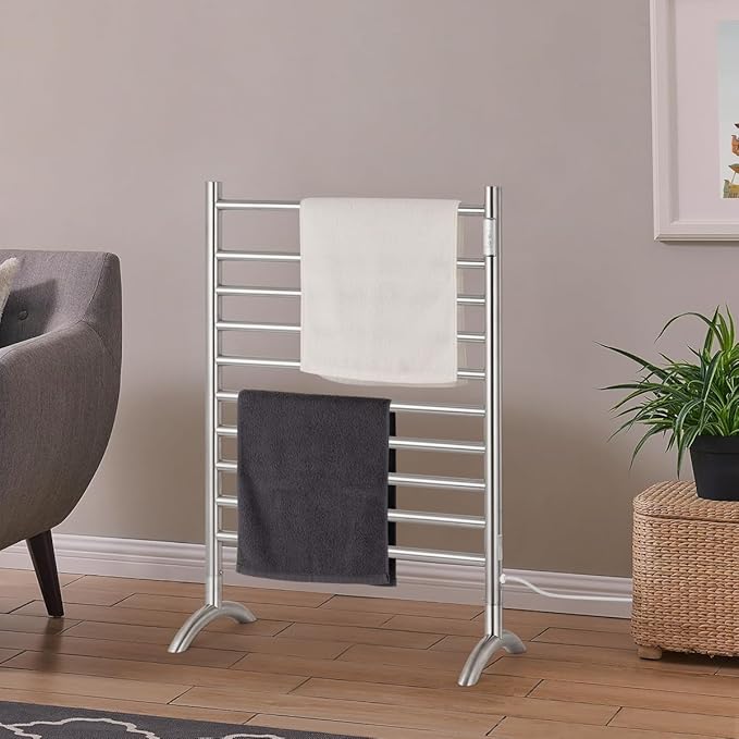 Freestanding Towel Warmer 10 Bars Plug-in Option 3 Working Modes Brushed Stainless Steel 24" W 34" H