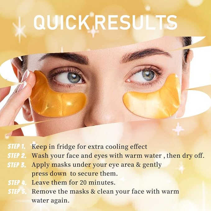 Vandarllin 24K Gold Powder Gel Collagen Eye Masks Sheet Patch, Remove Bags,Dark Circles &Puffiness,Reduce Wrinkle,Moisturising,Hydrating for Blackheads (10 Pairs)
