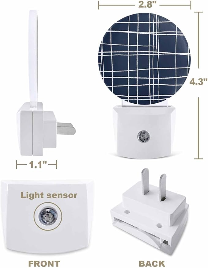 Night Lights Auto Sensor Navy Blue Checked Plaid Night Light Minimalist Grid Lines Round Lamp Plug-in LED Nightlights Dusk to Dawn for Living Room Bedroom Bathroom Hallway Wall Decor