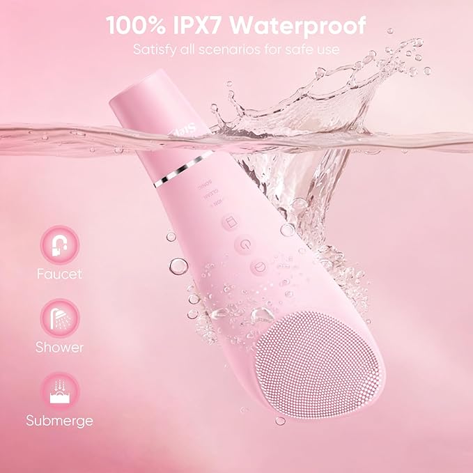 Silicone Face Scrubber Blackhead Scraper Rechargeable 2-in-1 Facial Cleansing Brush & Skin Spatula Duo, IPX7 Waterproof Exfoliating Massager Deep Cleansing for Women and Men(Light Pink)