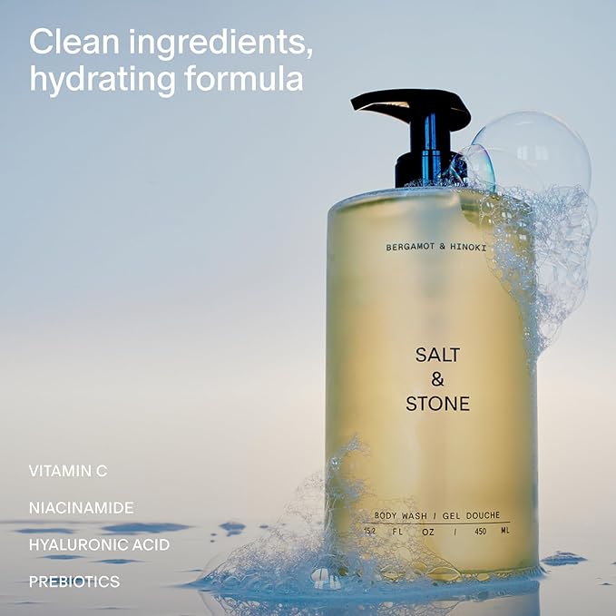 Salt & Stone Body Wash with Antioxidants for Deep Moisture | For Women & Men, Sulfate, Paraben, & Dye Free, Leaving Skin Soft and Hydrated | Bergamot & Hinoki 15.2 fl oz