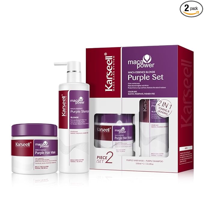 Karseell maca power Purple Hair Mask and Purple Shampoo Set, Neutralizes Brass & Yellow Tones for Blonde, Gray, Silver Color Treated Hair, 2 x 16.9floz