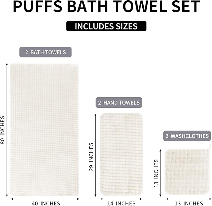 KBY Bath Towels Set 6 Piece 40x80 Inches，2 Extra Large Bath Sheets 2 Hand Towels 2 Washcloths，Highly Absorbent Quick Dry Microfiber,Ultra Soft Towel Set for Bathroom，Spa，Gym， Hotel (Cream)