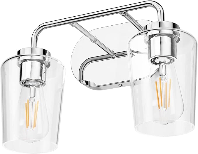 Tipace Chrome Vintage Bathroom Vanity Light,2 Lights Modern Stainless Steel with Clear Glass Bathroom Light Fixtures Industrial Wall Mount Lighting Sconce(Exclude Bulb)