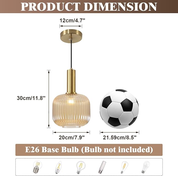 KCO Lighting Amber Glass Globe Pendant Light Mid Century Modern Kitchen Island Pendant Lighting Gold Single Pendant Light Fixture Vintage Brass Hanging Ceiling Light for Living Room Dining Room