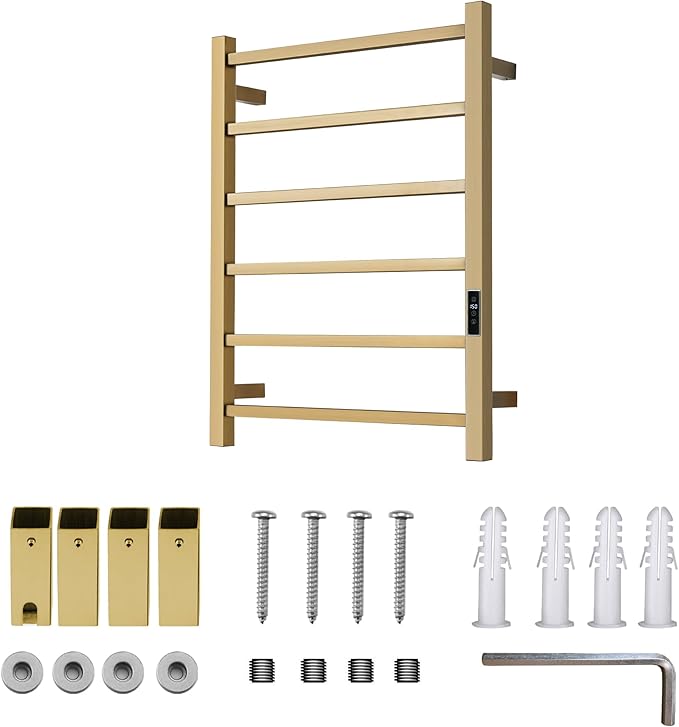 Heated Towel Racks for Bathroom, Wall Mounted Electric Towel Warmer Racks with Timer & Temperature Control, Stainless Steel Towel Heater for Bathroom (Square-Brushed Gold 6 Bars)