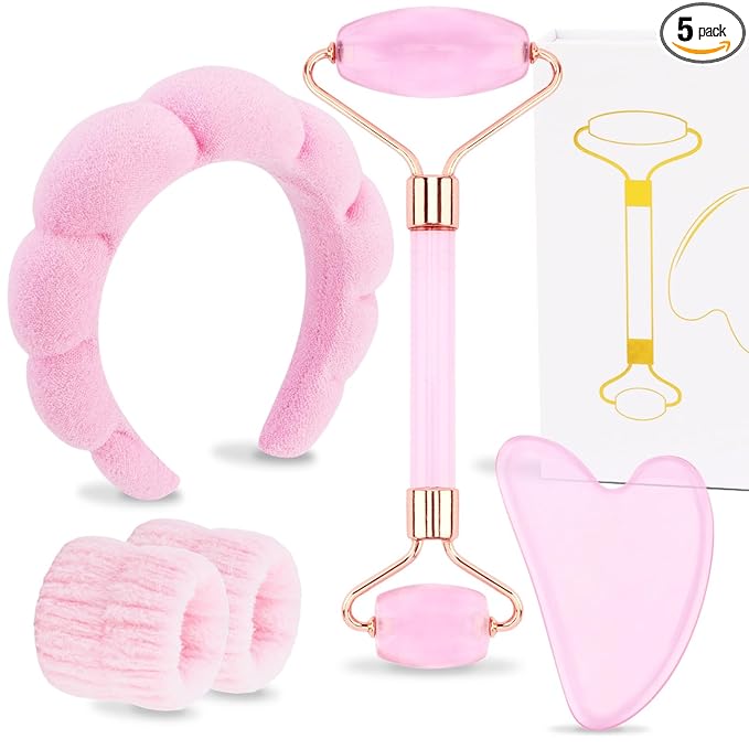 Chanaco Spa Headband and Wristbands for Women Skincare Headband for Washing Face Gua Sha & Jade Roller Facial Tools Pink Makeup Fash Wash Hairband Teen Girl Gifts Trendy Stuff