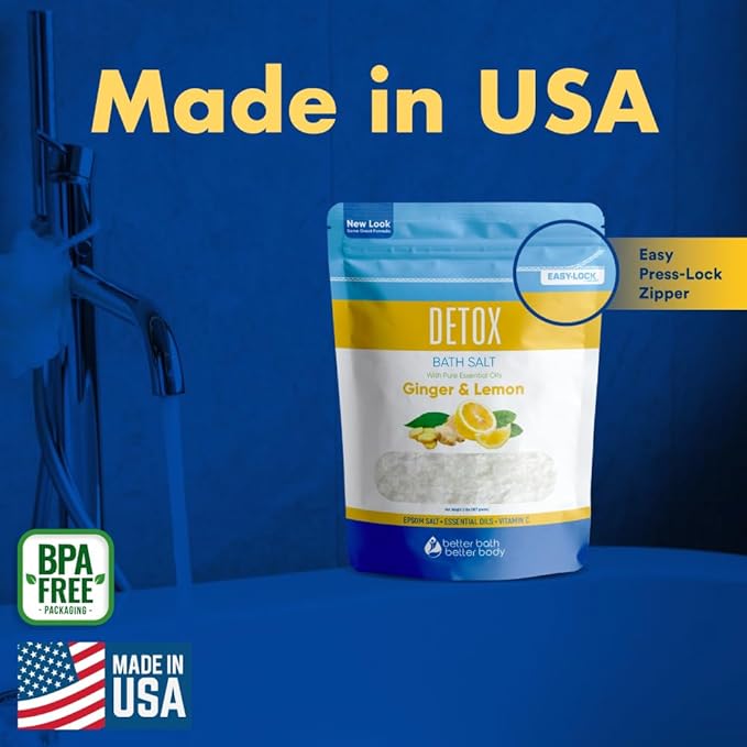 Detox Bath Salt 32 Ounces (2 Lbs) USP Grade Epsom Salt with Natural Ginger and Lemon Essential Oils Plus Vitamin C in BPA Free Pouch with Easy Press Lock Seal Made in USA